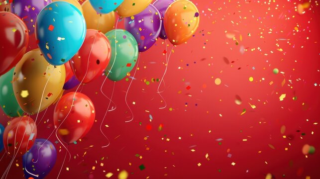 A festive backdrop with multicolored balloons floating against a rich red background, with confetti scattered around