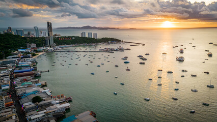Pattaya Thailand aerial drone at sunset with beach road and walking street 