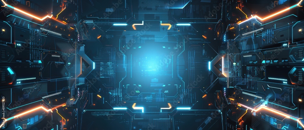 Poster a sleek tech background with futuristic shapes and digital textures, providing a clear area in the c