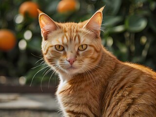 orange cat with blur background, orange cat is sitting and looking