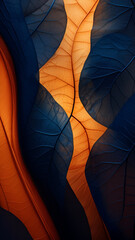 Bold Navy and Orange abstract image featuring leaf patterns, translucent planes, and net art. minimalist mobile wallpaper blends colorful, nature-inspired imagery with striking contrasts for a dynamic