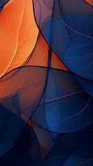 Bold Navy and Orange abstract image featuring leaf patterns, translucent planes, and net art. minimalist mobile wallpaper blends colorful, nature-inspired imagery with striking contrasts for a dynamic