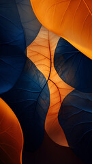 Bold Navy and Orange abstract image featuring leaf patterns, translucent planes, and net art. minimalist mobile wallpaper blends colorful, nature-inspired imagery with striking contrasts for a dynamic