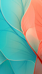 Vivid Teal and Coral abstract image with leaf patterns, translucent planes, and net art. minimalist mobile wallpaper features colorful, nature-inspired imagery with a refreshing and vibrant aesthetic.