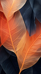 Bold Navy and Orange abstract image featuring leaf patterns, translucent planes, and net art. minimalist mobile wallpaper blends colorful, nature-inspired imagery with striking contrasts for a dynamic