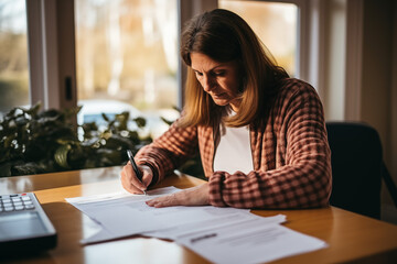 Woman filling in tax declaration at home. Finance year results. Accounting and money concept. 