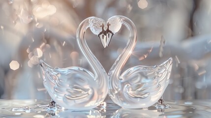 2 An adorable and elegant painting on the surface of glass depicting a pair of swans forming a heart shape with their necks.
