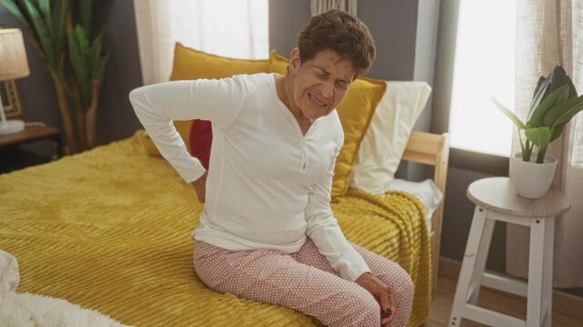 An elderly hispanic woman in pajamas sits on a yellow bed in a bright bedroom, grimacing in pain while holding her lower back.
