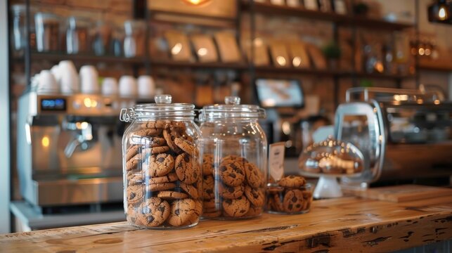 a rustic coffee shop setting with chocolate chip cookies in a glass jar