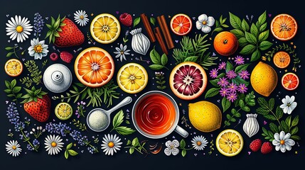 vector, illustration, flat, Round floral design on dark background with cinnamon, lemons, oranges, tea bag, sugar cubes, heather, chamomile, dog rose, peppermint, almond, strawberry, teaspoon, teapots