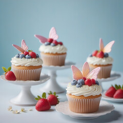 Cupcakes with cream and berries on plates on the table.