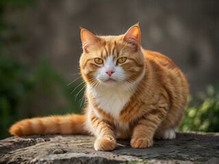 orange cat with blur background, orange cat is sitting and looking