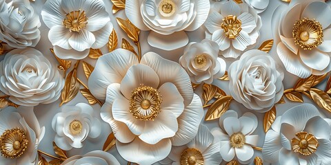 3d illustration, white flowers and gold leaves on a gray background