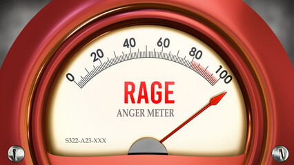 Rage and Anger Meter that is hitting a full scale, showing a very high level of rage, overload of it, too much of it. Maximum value, off the charts.  ,3d illustration