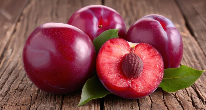 Ripe red plums on wooden table