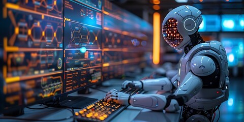 Robot humanoid working on a computer monitor. 3d rendering.