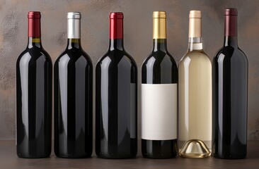 Assortment of red and white wine bottles on a dark background