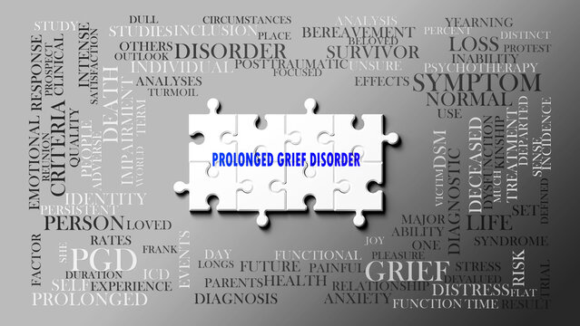 Prolonged Grief Disorder as a complex subject, related to important topics. Pictured as a puzzle surrounded by most important ideas and phrases related to prolonged grief disorder. ,3d illustration