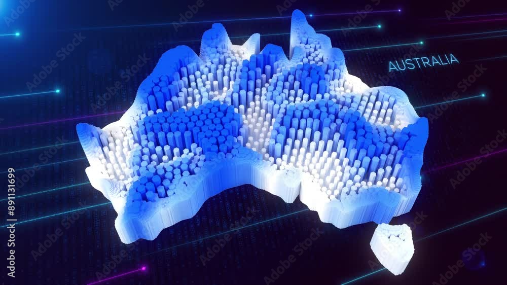 Poster 3d perspective motion view of blue and white dynamic hexagonal prism rippling australia map and text