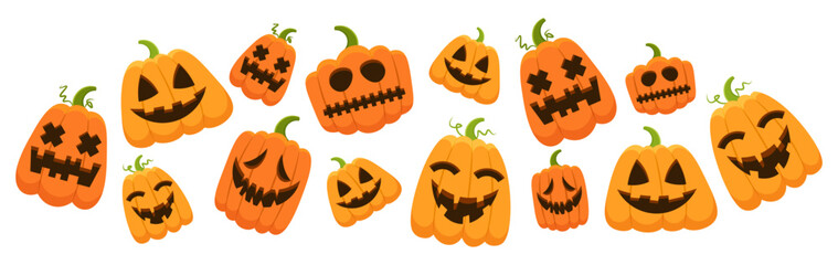 Border greeting card scary pumpkin face emotion lantern border flat illustration 