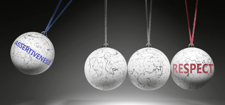 Assertiveness and Respect - cause and effect relationship. A Newton cradle metaphor showing how assertiveness results in respect. It initiates respect. ,3d illustration