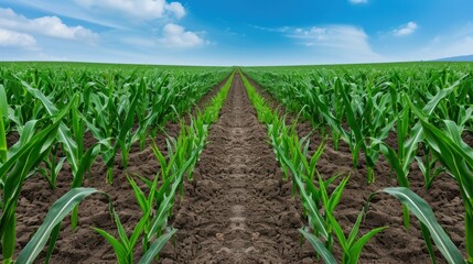 Naklejka premium Lush green corn field with path