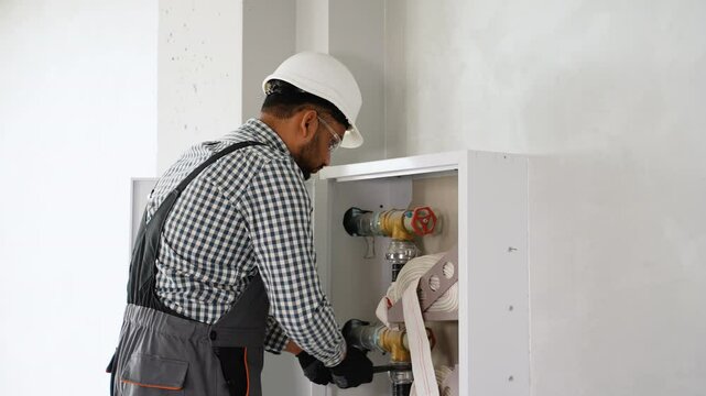 Indian plumber installing fire hydrant in office or home. Fire protection systems maintenance for safety