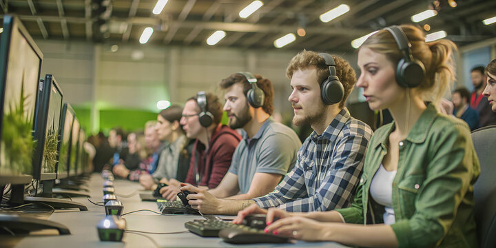 Enthusiastic gamers at a gaming convention playing on computers and enjoying exciting demos.
