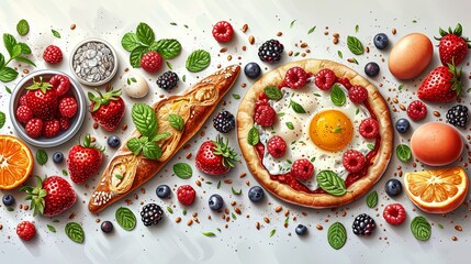 vector, illustration, flat, Realistic hand drawn composition with tasty breakfast meals or snacks and fresh organic morning food - pizza slice, bread, eggs, fruits and berries. Vector illustration in 