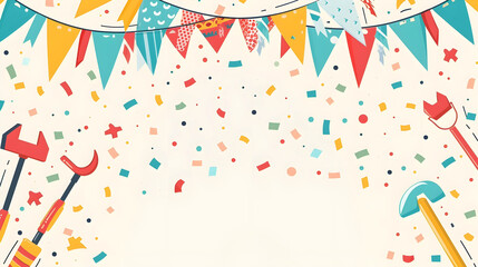 Cheerful Labor Day Celebration with Cartoon Tools and Flags