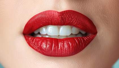 Fototapeta premium Closeup of womans red lipstick, white teeth, highlighting hair, nose, and smile