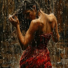 Embracing Joy: Person in Elegant Pose Dancing Gracefully in the Rain with Umbrella