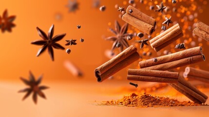 Festive Spices, Floating cinnamon sticks and star anise, Holiday Aroma.