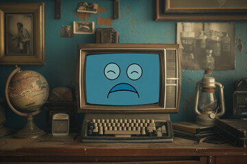 An image of an antique computer with a sad face on its screen - Generative AI