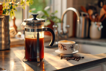 coffee brewing process and the moment of pouring, a shot of coffee brewing in a French press, capture the transformation of water into coffee