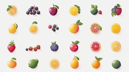 Obraz premium A collection of flat icons featuring berries and citrus fruits, on a white background.