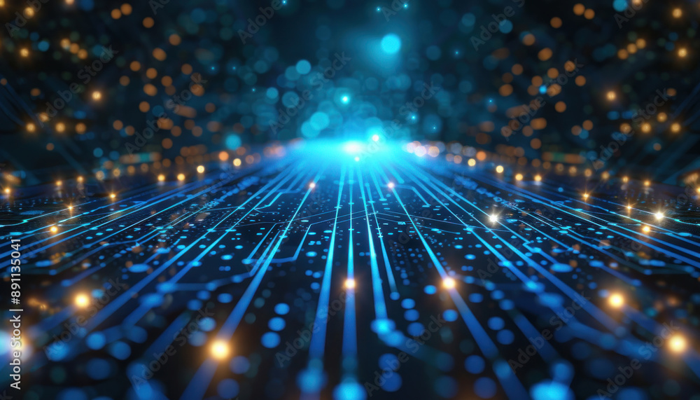 Poster a computer generated image of a circuit board emitting numerous lights in an electric blue color