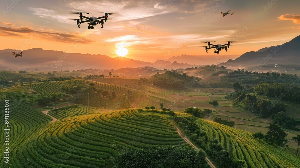 Wall mural A fleet of drones flying over expansive farmland, illustrating their role in modernizing agriculture for better yields.