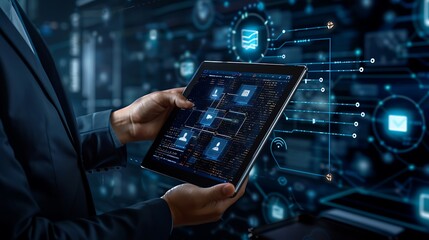 A Master of Edge Computing holds a futuristic tablet, configuring a network of decentralized computing devices