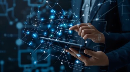 A Master of Edge Computing holds a futuristic tablet, configuring a network of decentralized computing devices