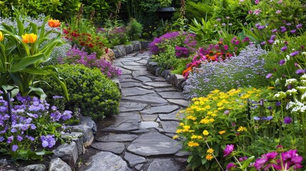 A tranquil garden with a stone pathway and colorful flowers.