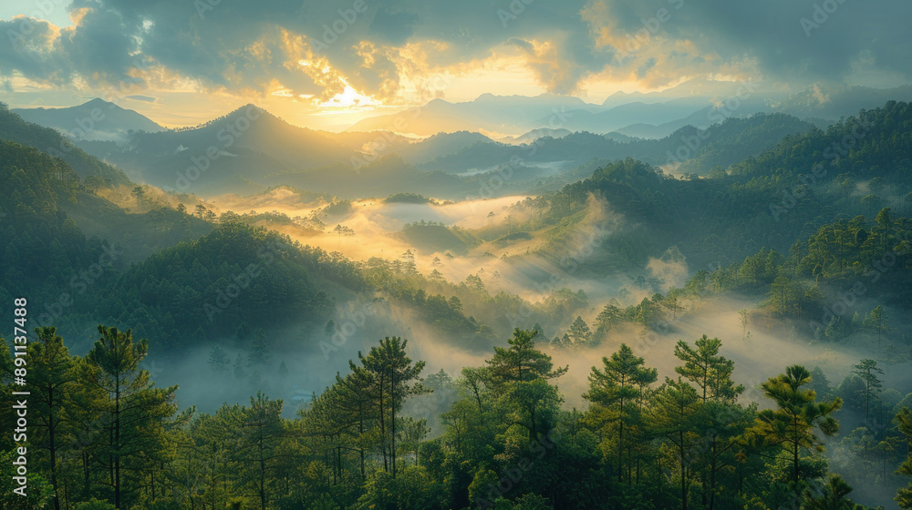 Poster sunlight shines through clouds over mountains, creating a beautiful scene in nature