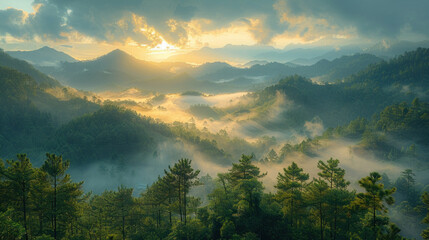 Obraz premium Sunlight shines through clouds over mountains, creating a beautiful scene in nature
