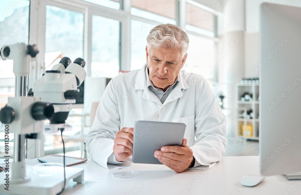 Poster Mature man, scientist and tablet for medical research, review and pharmaceutical in lab as employee or staff. Male person, doctor and tech for results, feedback or healthcare for science or medicine