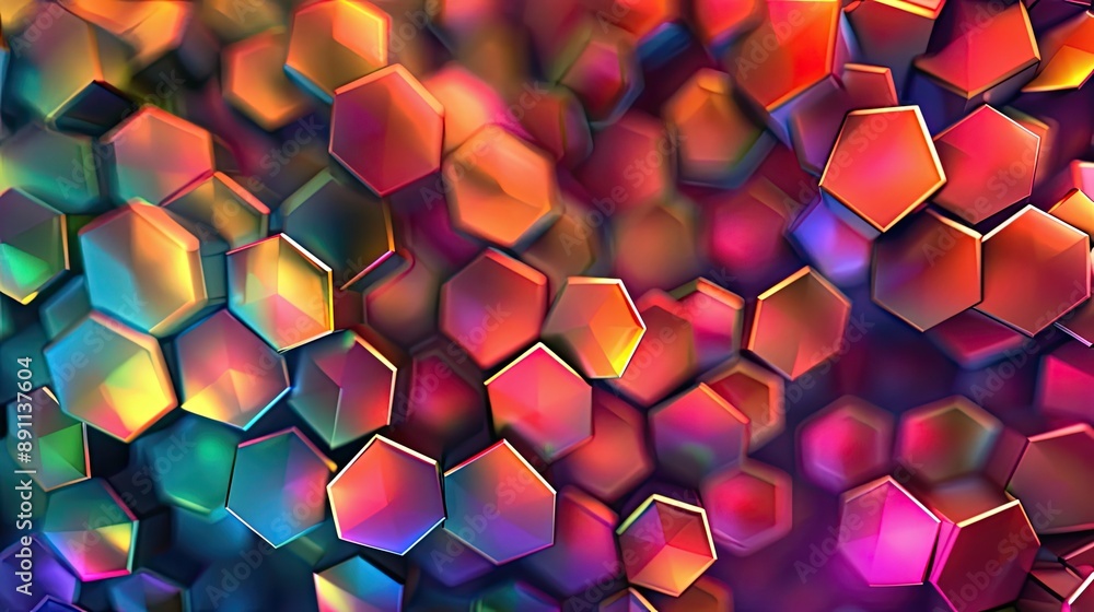 Poster a vibrant background with a pattern of colorful, overlapping hexagons.