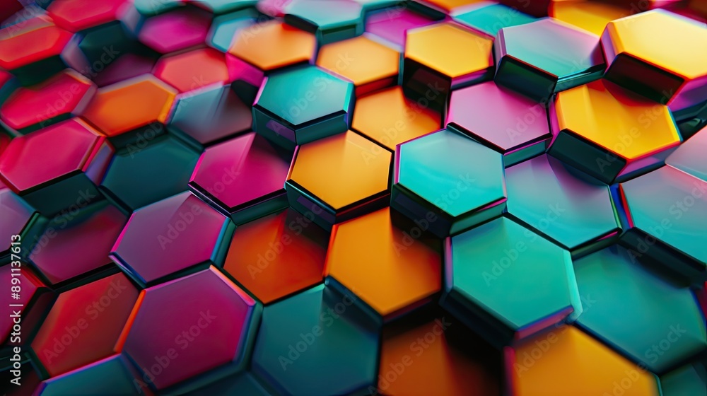 Poster a vibrant background with a pattern of colorful, overlapping hexagons.