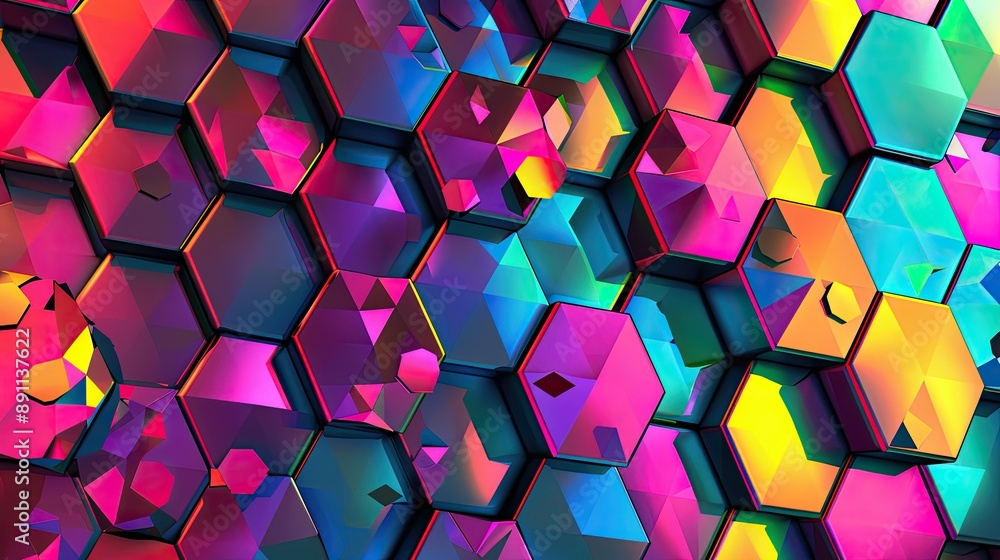 Poster a vibrant background with a pattern of colorful, overlapping hexagons.