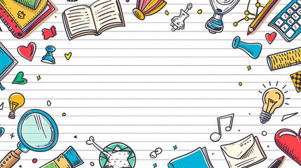 Colorful doodles of school supplies surrounding lined paper background..