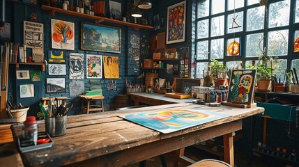 Bright workshop space filled with diverse art supplies, perfect for artists and creatives seeking inspiration in a colorful environment.