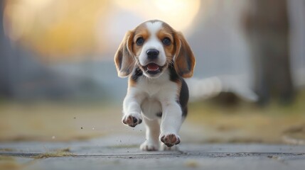 Adorable beagle puppy running outdoors on a sunny day with a blurred background, capturing the joy and energy of young dogs.